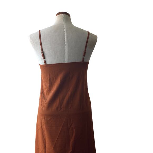 The Open Satin Silky Spaghetti Strap V-Neck Midi Dress in Burnt Orange -S - Picture 2 of 12